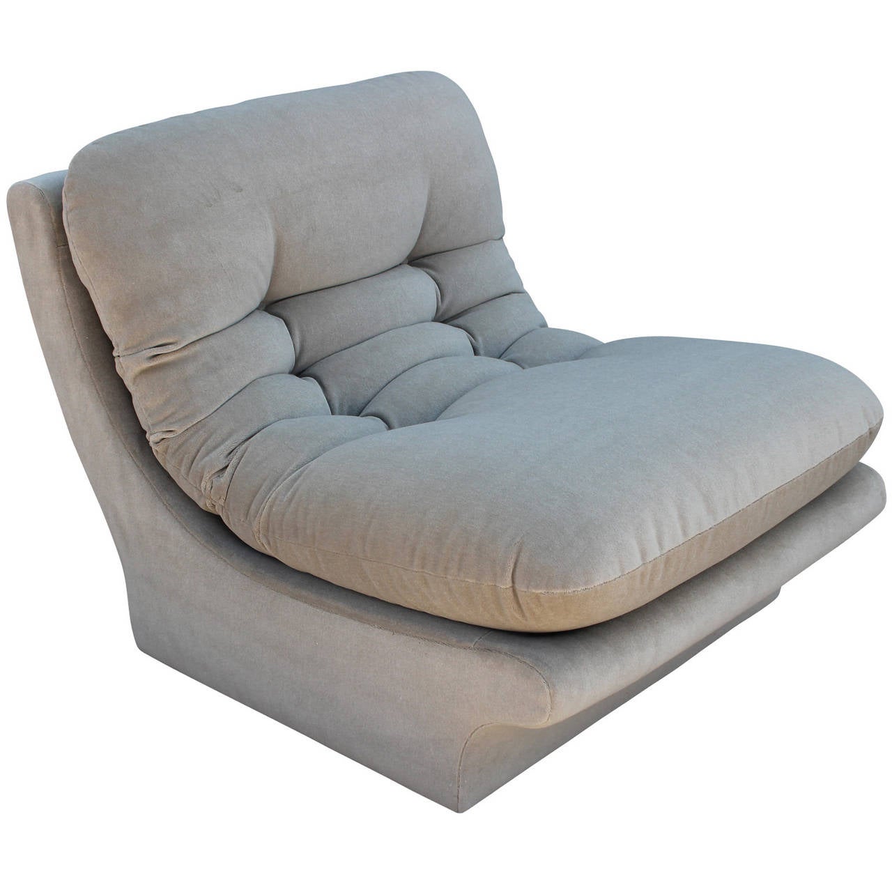 Beautiful pair of Sculptural Vladimir Kagan style chairs by Directional slipper lounge chairs upholstered in a neutral mohair. Scooped chairs are extremely comfortable. Cushions have beep box tufts. Chairs can be pushed together to form a love seat.