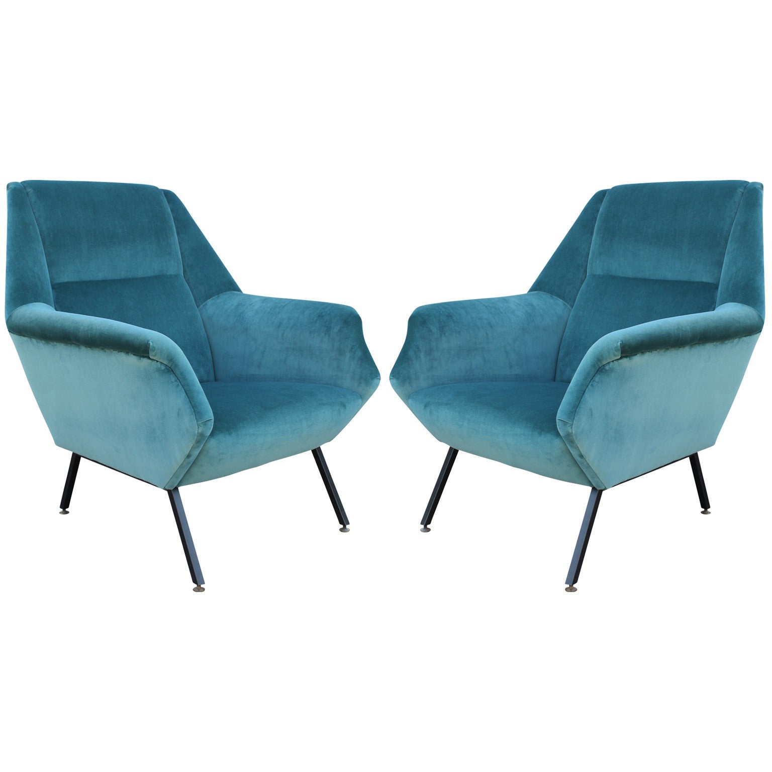 Pair of Fabulous Italian Lounge Chairs in Teal Velvet