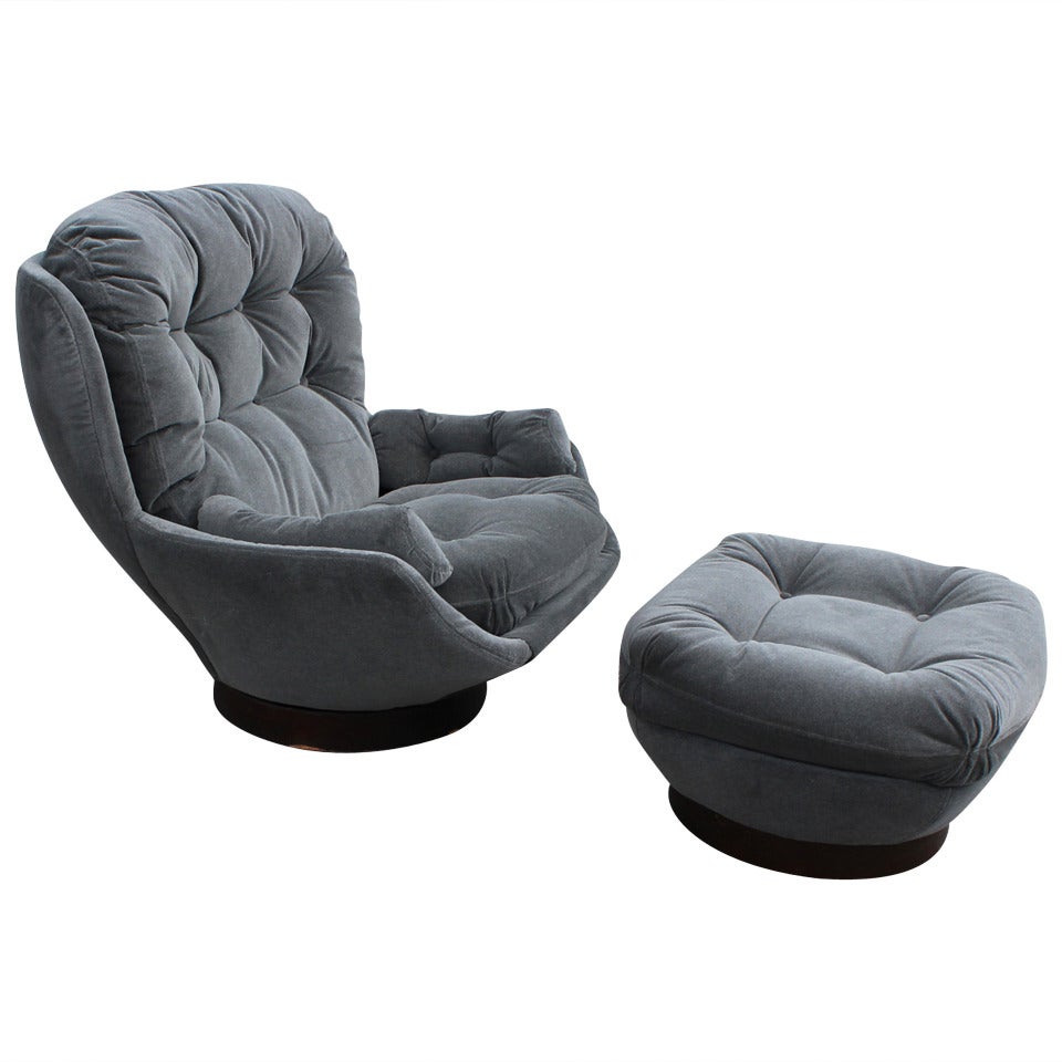 Stately Modern Grey Velvet Swivel Lounge Chair and Ottoman by Selig