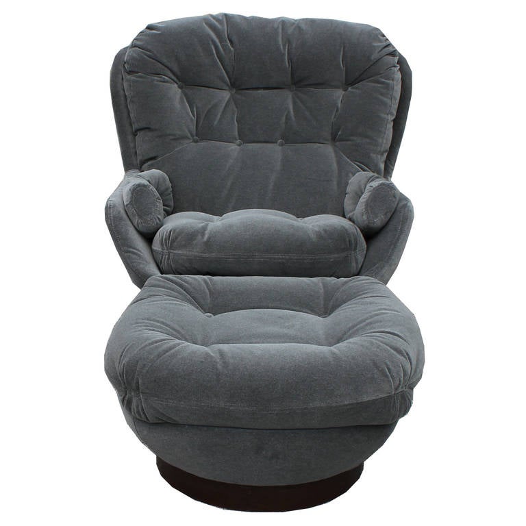 Stately Modern Grey Velvet Swivel Lounge Chair and Ottoman by Selig