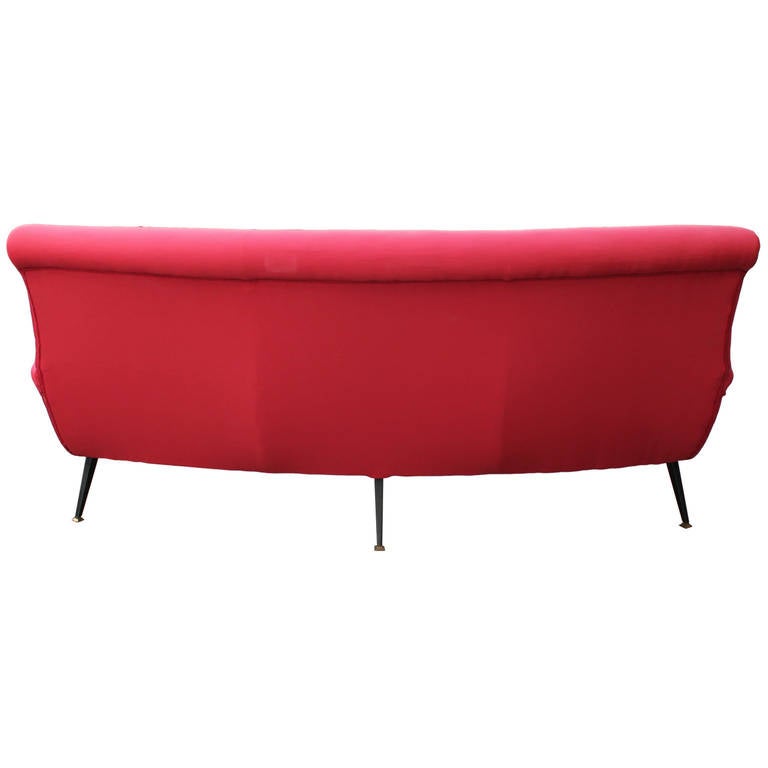 Mid-20th Century Modern Curved Red Italian Sofa with Metal Legs and Brass
