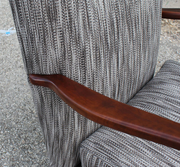 Beautifully restored pair of Paolo Buffa style Italian armchairs with updated upholstery. The chairs do sit a tad low with the spring style decking. This could be easily changed. Chairs do have all new foam.
