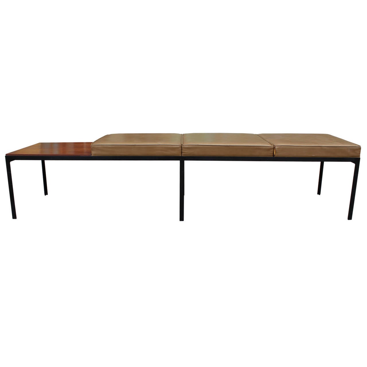 American Florence Knoll T Angle Leather and Walnut 3 Seat Bench