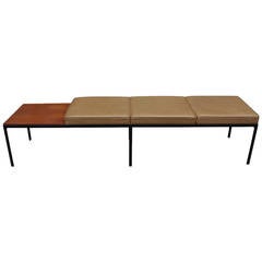 Florence Knoll T Angle Leather and Walnut 3 Seat Bench