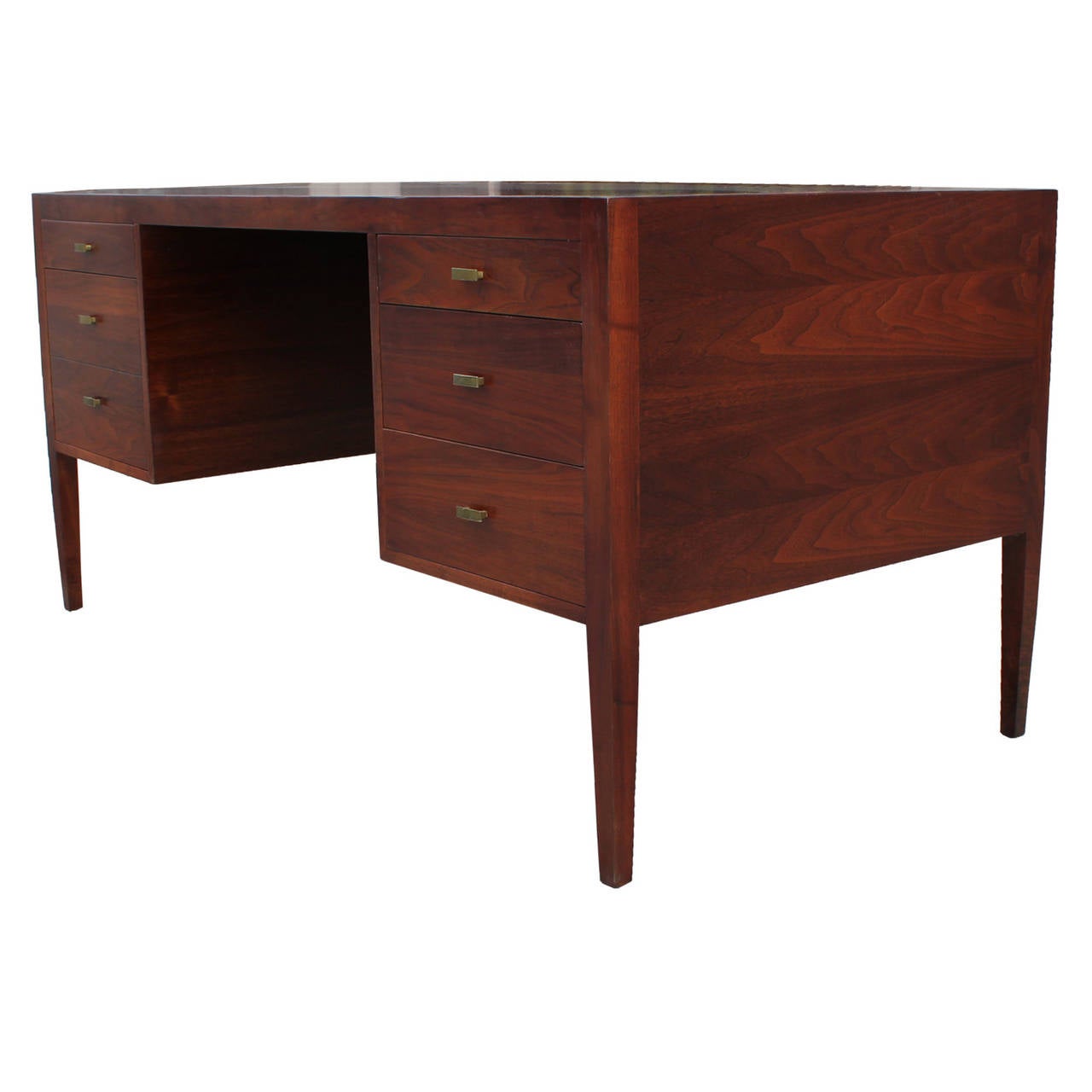 Stunning Walnut Executive Desk With Brass Handles In Excellent Condition In Houston, TX