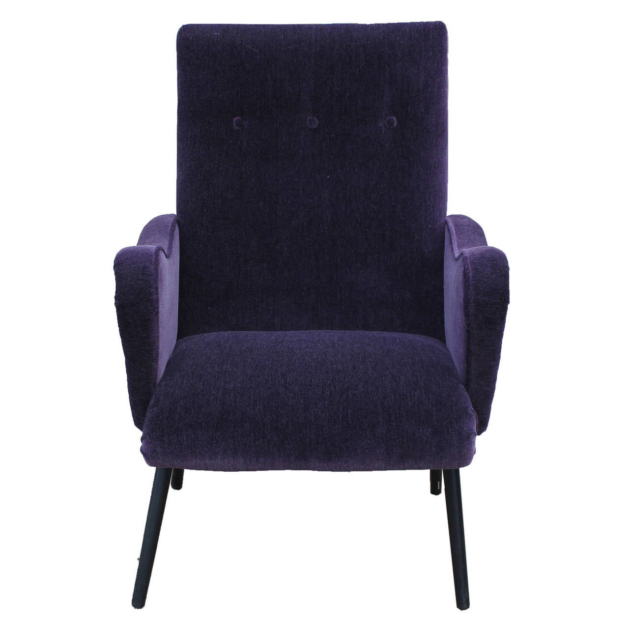 Knockout Opulent Italian Armchair / lounge chair with New purple velvet fabric. Chair also has restored black splayed legs. Very comfortable and unique. circa 1950s.