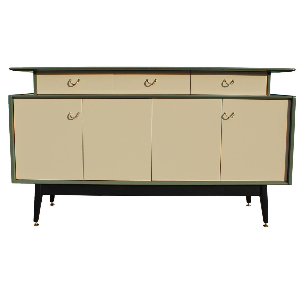 Mid-Century Modern Stunning Green Color-Block Sideboard with Brass Accents