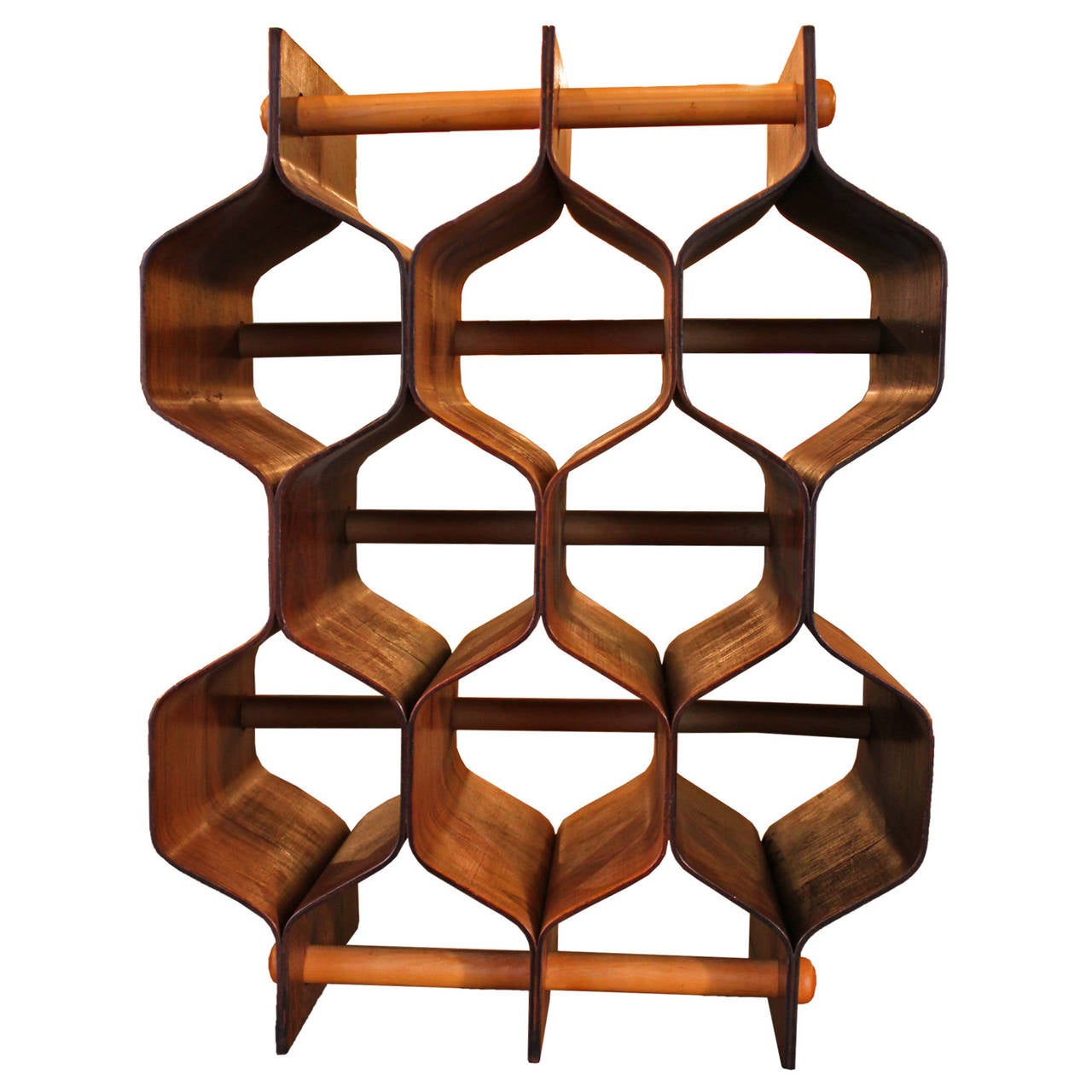 Beautiful Swedish bent rosewood and birch wine rack holds up to eight bottles. Rack is in excellent vintage condition.