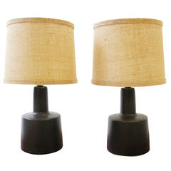 Rare Pair of Small Black Glazed Ceramic Table Lamps by Gordon Martz