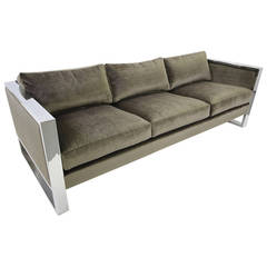 Milo Baughman Chrome Flat Bar Sofa with Silver Grey Velvet