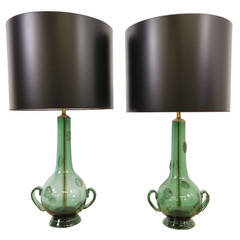 Pair of Emerald Green Handblown Murano Lamps