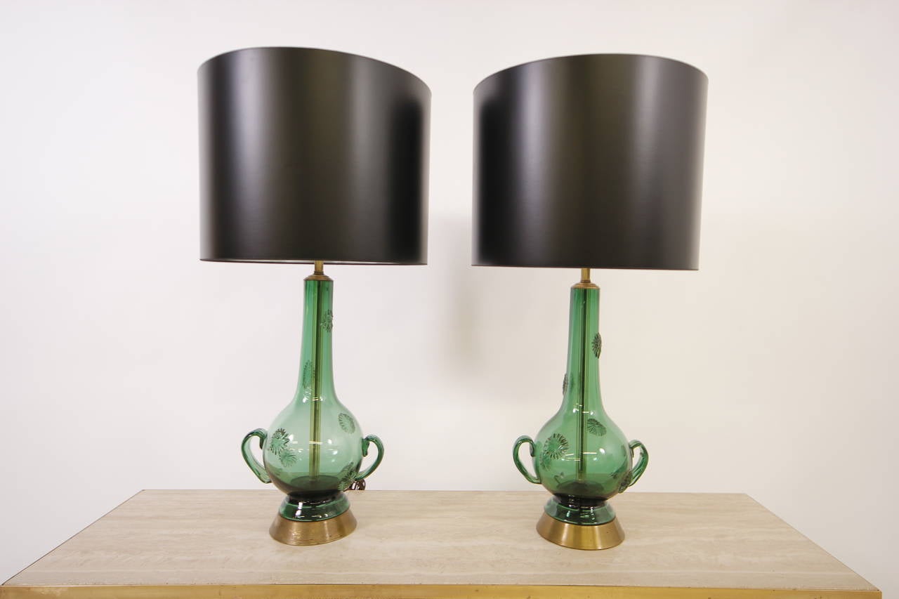 Pair of Emerald Green Handblown Murano Lamps