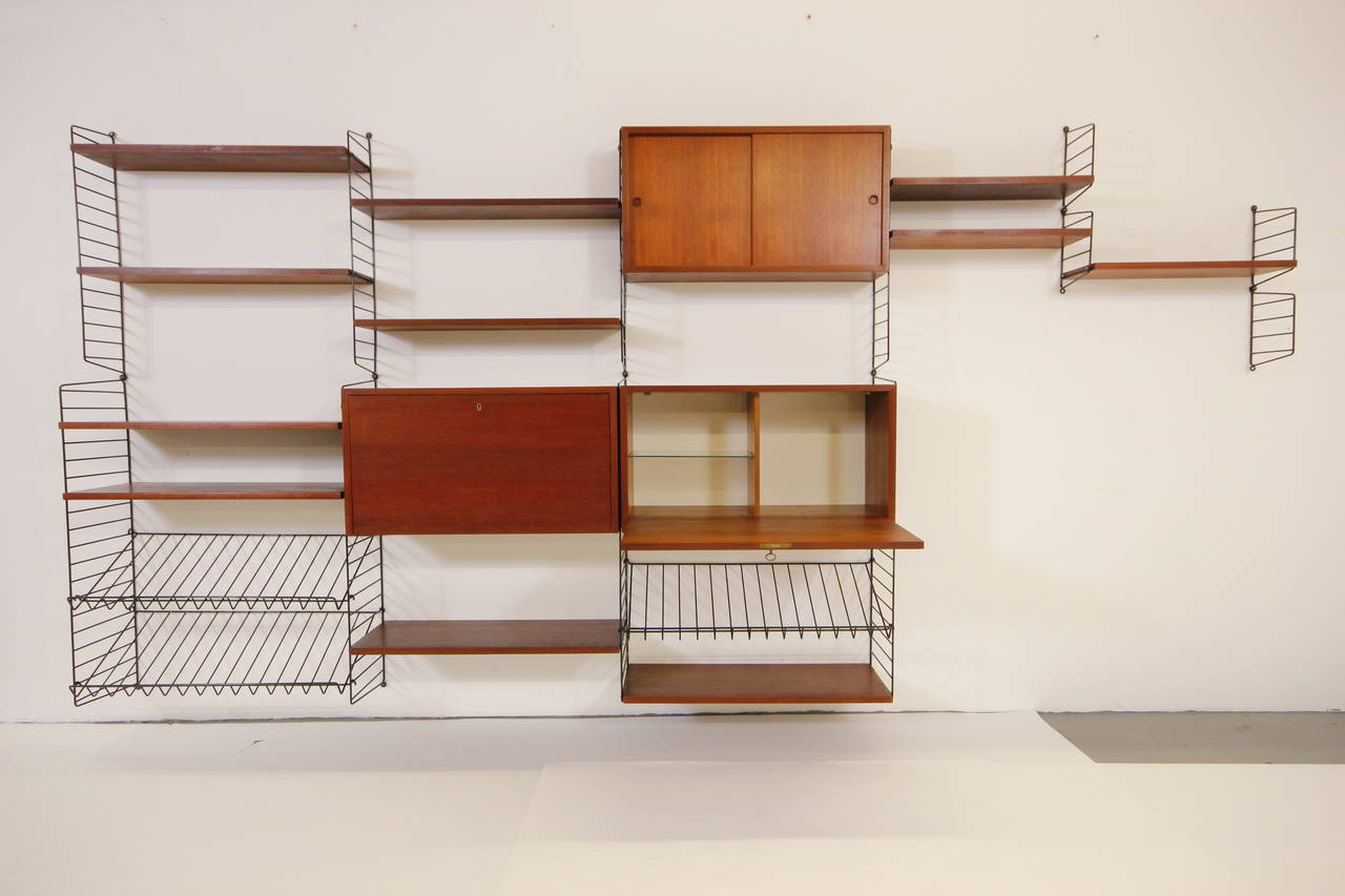 Mid-Century Modern Gorgeous Teak and Brass Wall Unit with Desk and Bar Cabinet by Nisse Strinning