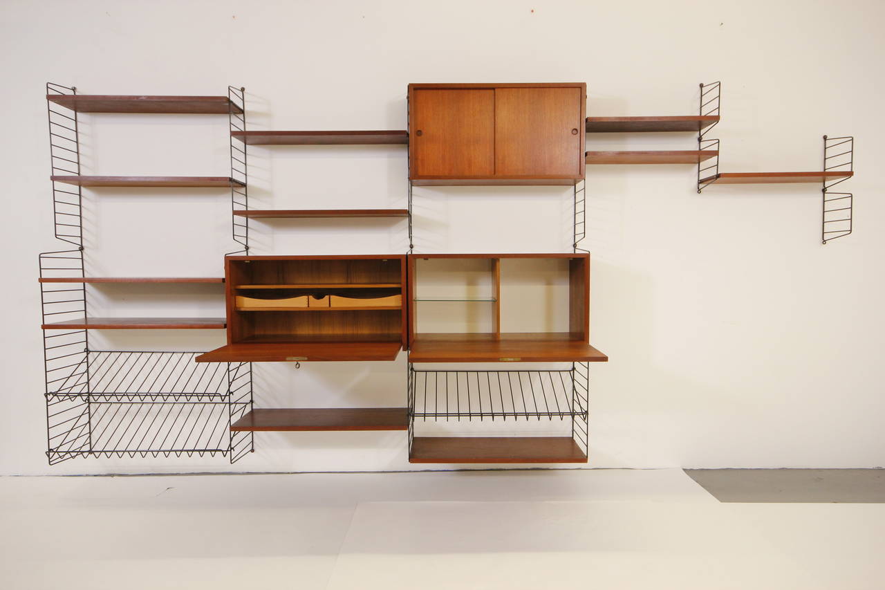 Swedish Gorgeous Teak and Brass Wall Unit with Desk and Bar Cabinet by Nisse Strinning
