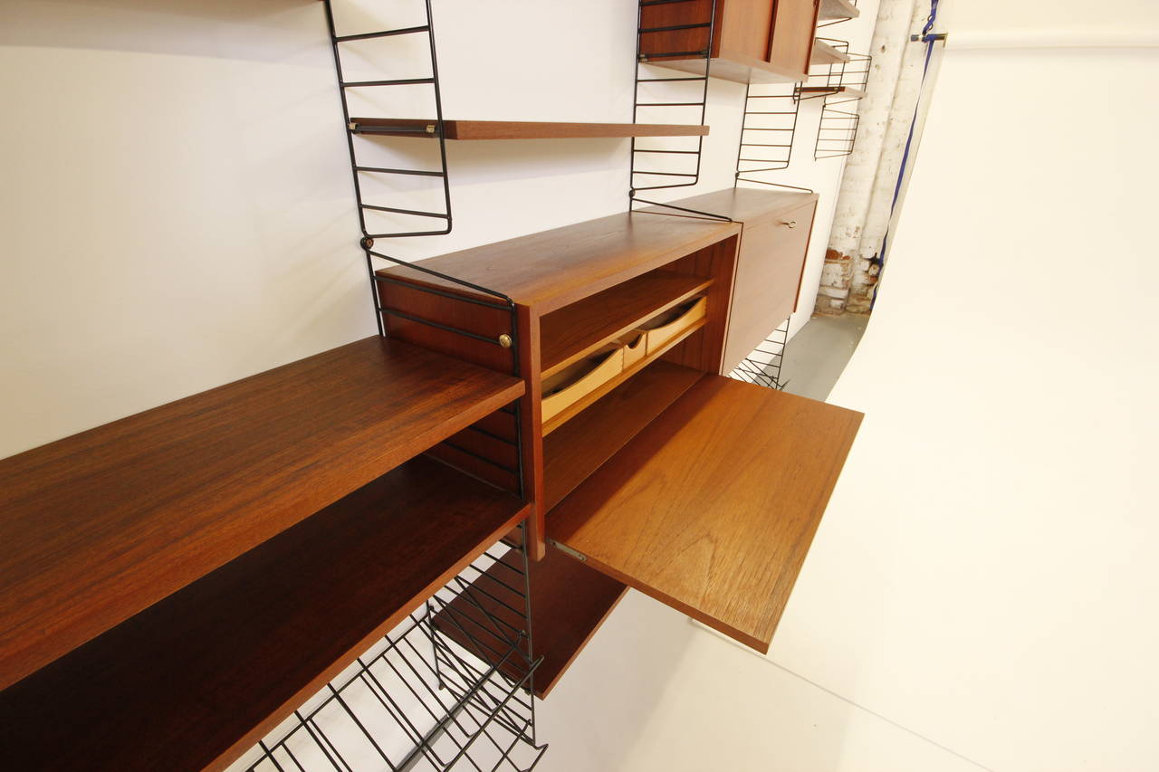 Gorgeous Teak and Brass Wall Unit with Desk and Bar Cabinet by Nisse Strinning 1