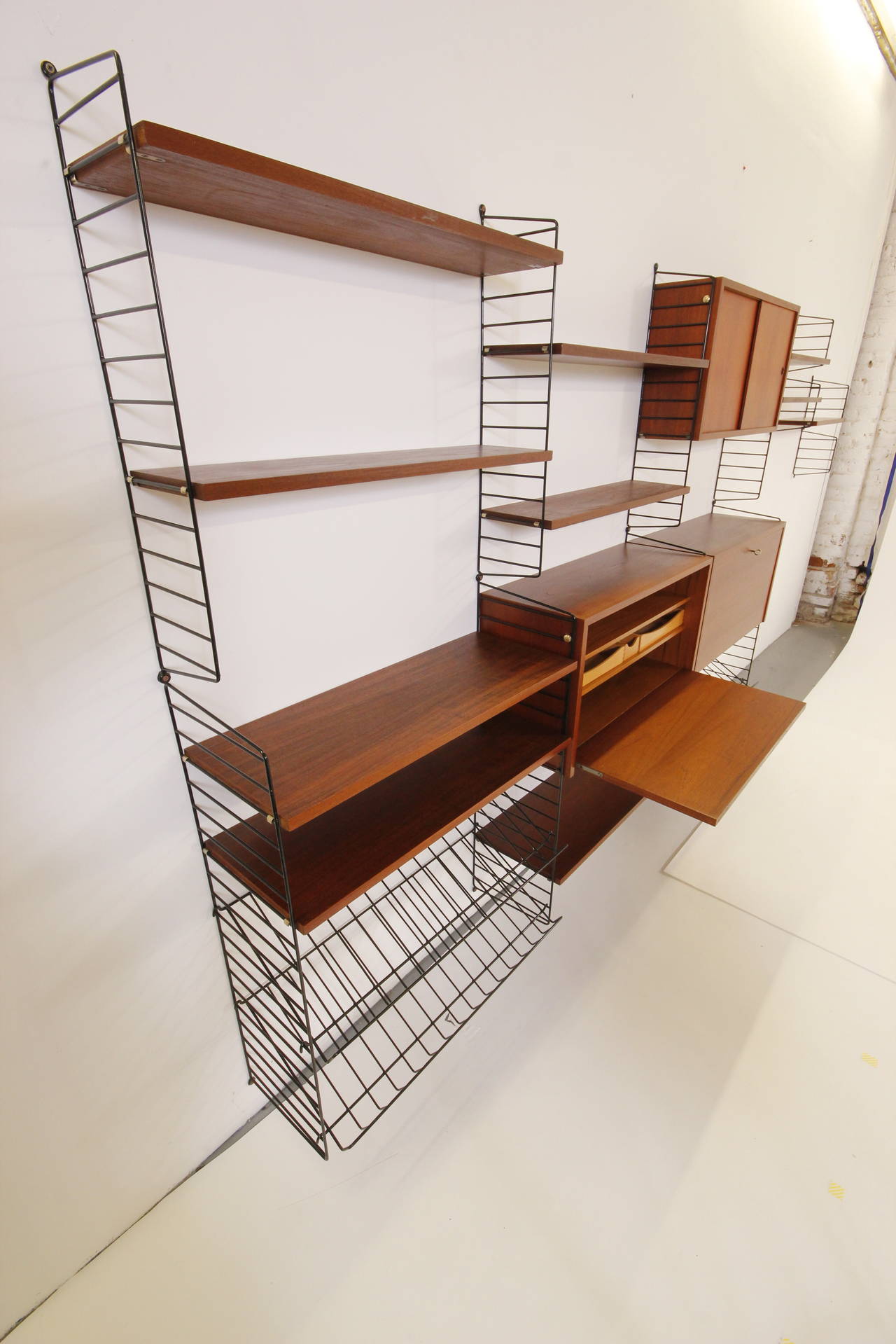 Gorgeous Teak and Brass Wall Unit with Desk and Bar Cabinet by Nisse Strinning 3