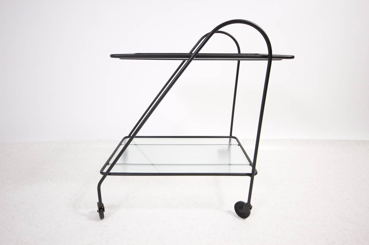 Mid-Century Modern California Modern Iron and Ribbed Glass Bar Cart by Inco