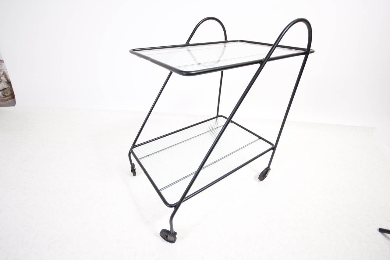 American California Modern Iron and Ribbed Glass Bar Cart by Inco