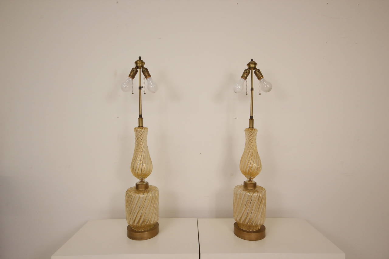 Phenomenal Pair of Avventurina Handblown Gold Murano Table Lamps In Excellent Condition For Sale In Los Angeles, CA