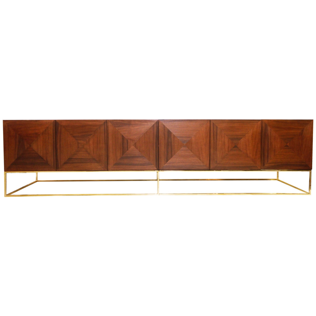 Massive Walnut and Brass Floating Media Credenza by Loft Thirteen For Sale