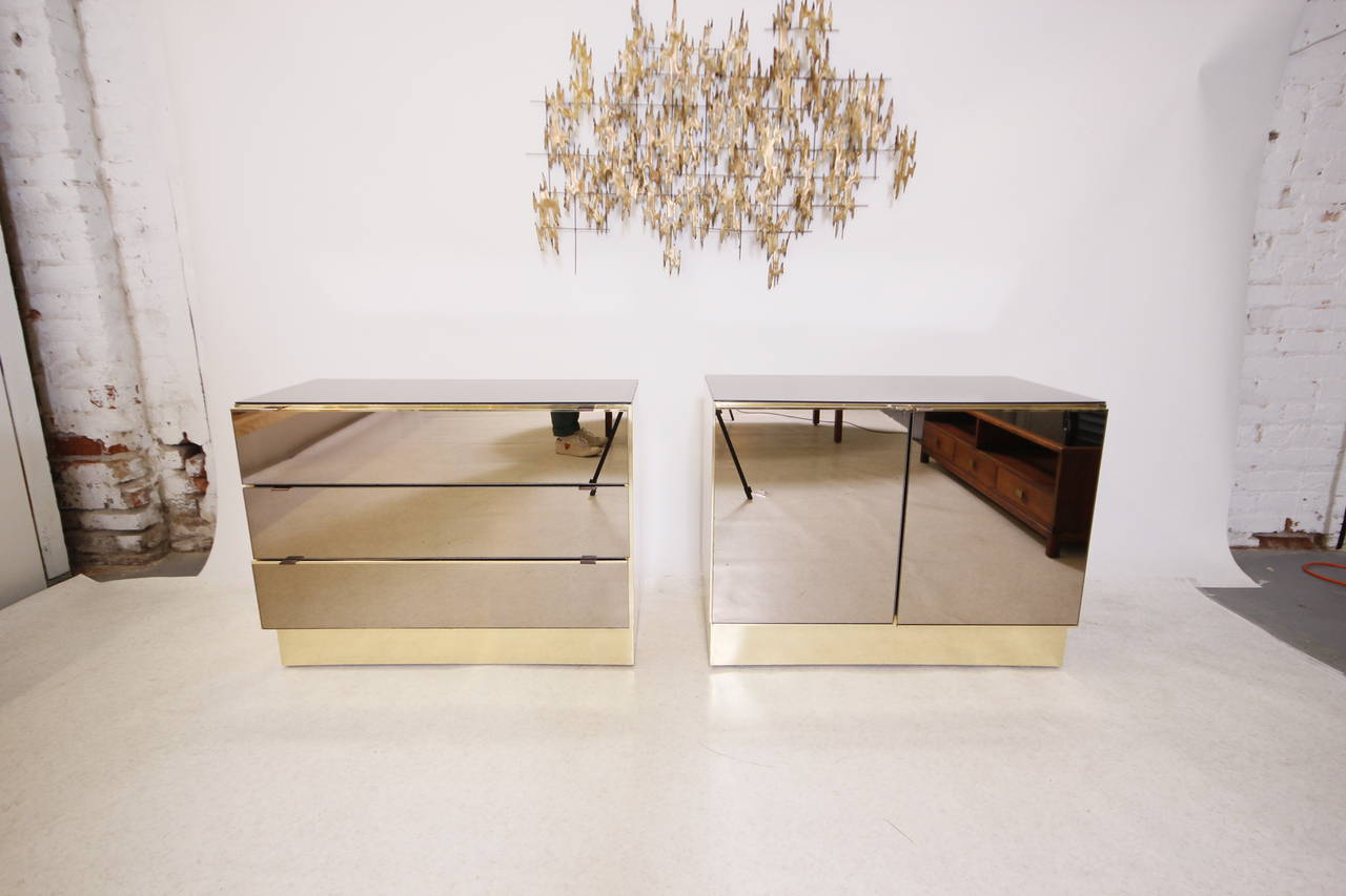 Gorgeous pair of brass and rose gold smoked mirror cabinets by Ello.