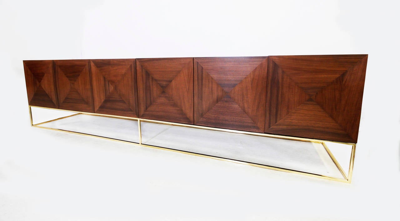 Mid-Century Modern Massive Walnut and Brass Floating Media Credenza by Loft Thirteen For Sale