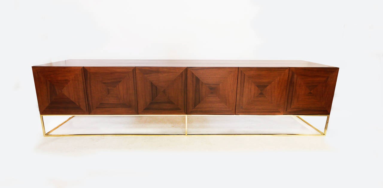 American Massive Walnut and Brass Floating Media Credenza by Loft Thirteen For Sale