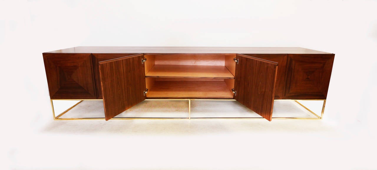 Massive Walnut and Brass Floating Media Credenza by Loft Thirteen In Excellent Condition For Sale In Los Angeles, CA