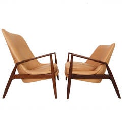 Stunning Pair of Ib Kofod Larsen His and Hers Leather Seal Chairs