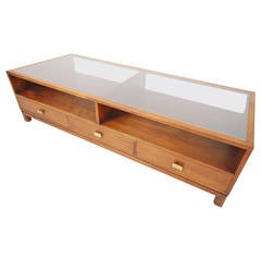 Mid-Century Modern Walnut and Brass Tinted Glass Cocktail Table