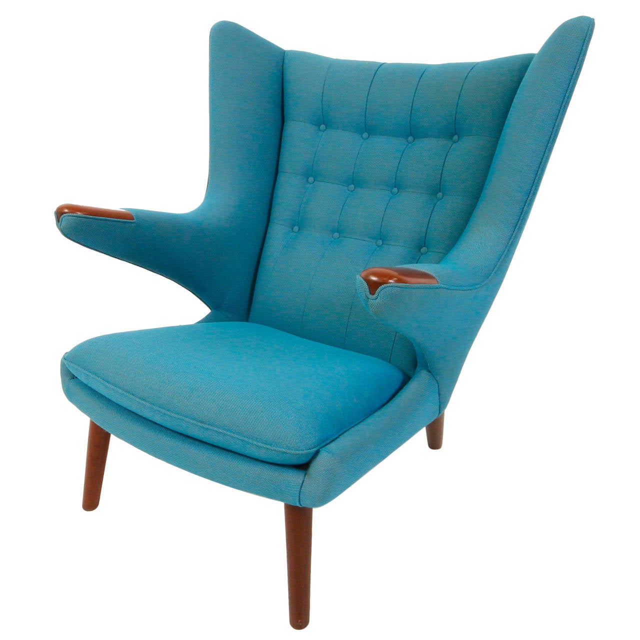 Absolutely Gorgeous Hans Wegner Papa Bear Chair with Blue Maharam Upholstery and Teak Wood, 1959