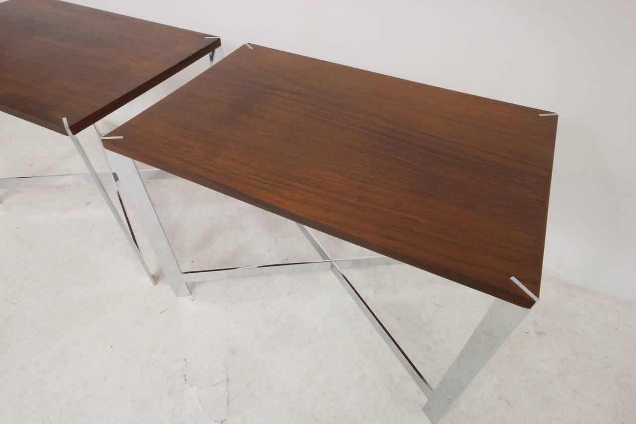 Pair of Milo Baughman Brazilian rosewood and perfect chrome side tables.