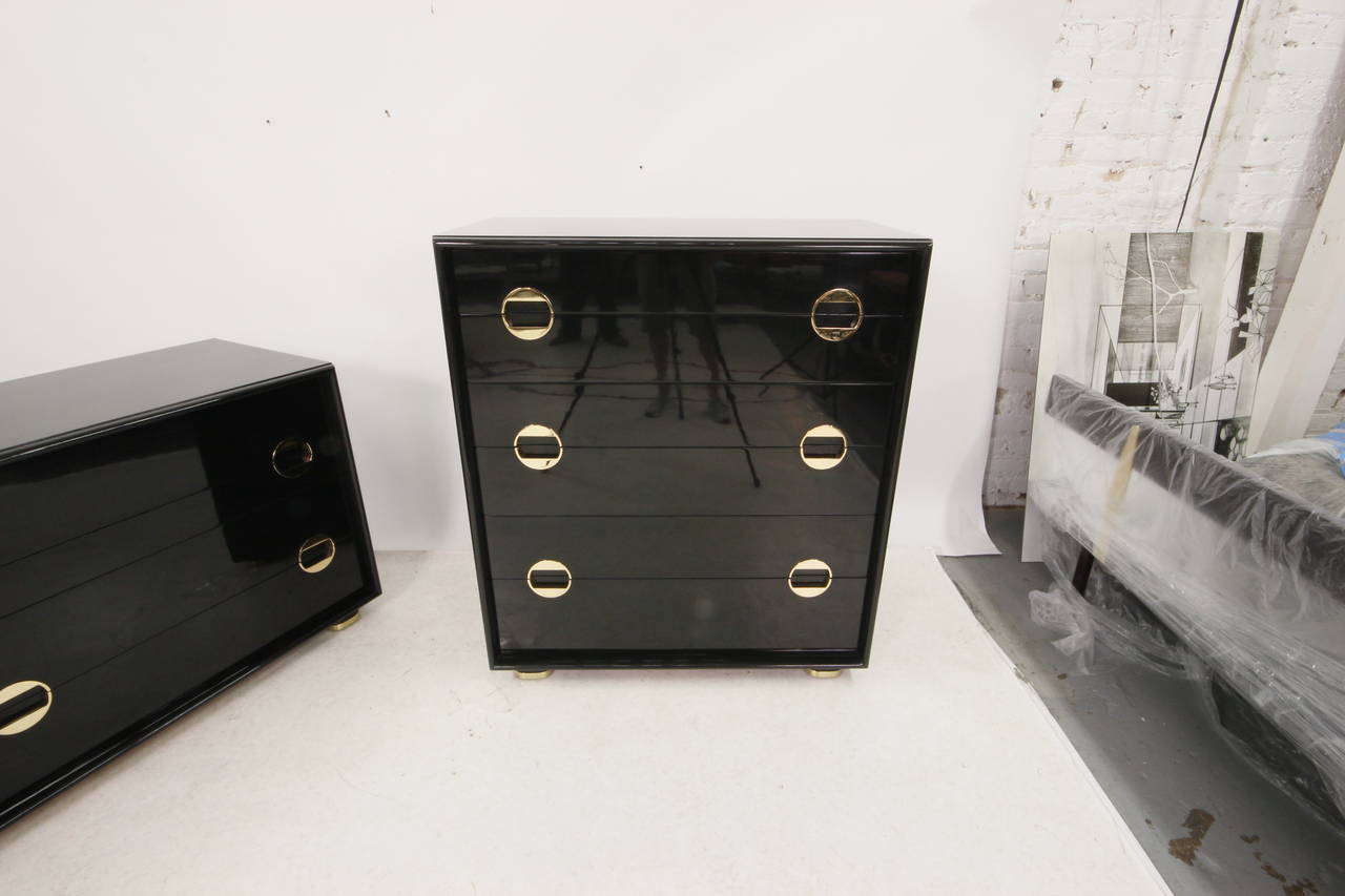 Stunning Mid-Century Modern Black Lacquer and Brass Bedroom Set In Excellent Condition For Sale In Los Angeles, CA