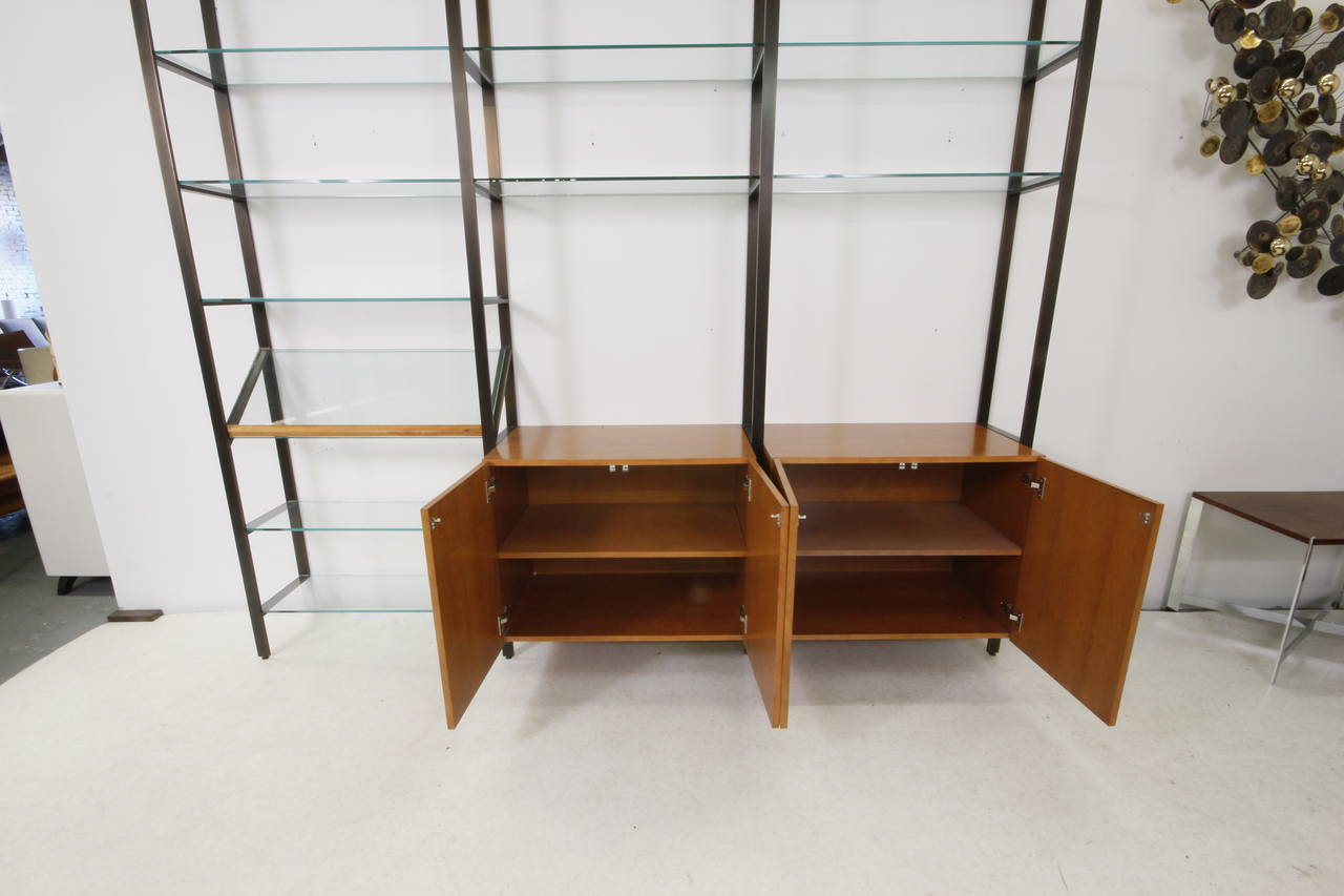Extremely rare Milo Baughman bronze and glass wall unit with cherrywood cabinets, circa 1960s.
