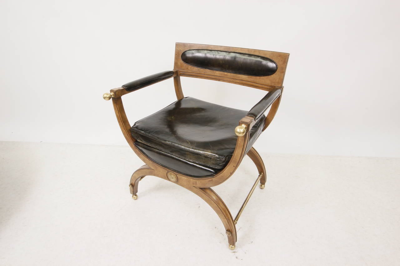 Mid-Century Modern Burl Wood and Brass Empire Chair In Excellent Condition For Sale In Los Angeles, CA