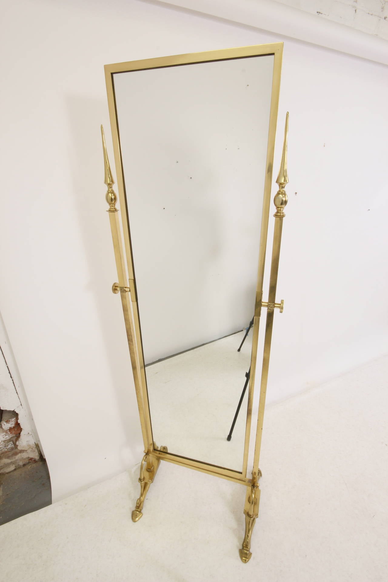 Heavy solid brass cheval mirror by Glo-Mar Artworks, New York, circa 1960s.