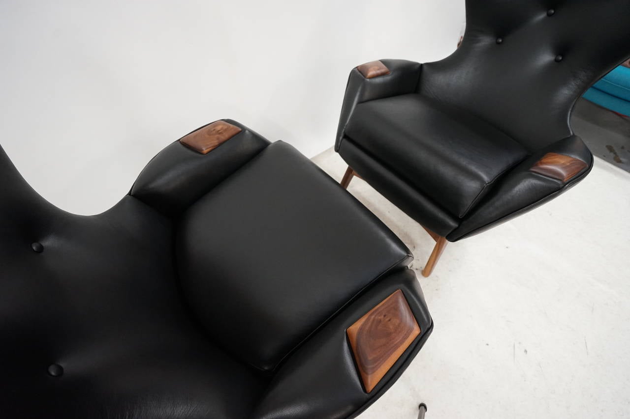 Mid-Century Modern Pair of Adrian Pearsall Black Leather Wingback Lounge Chairs