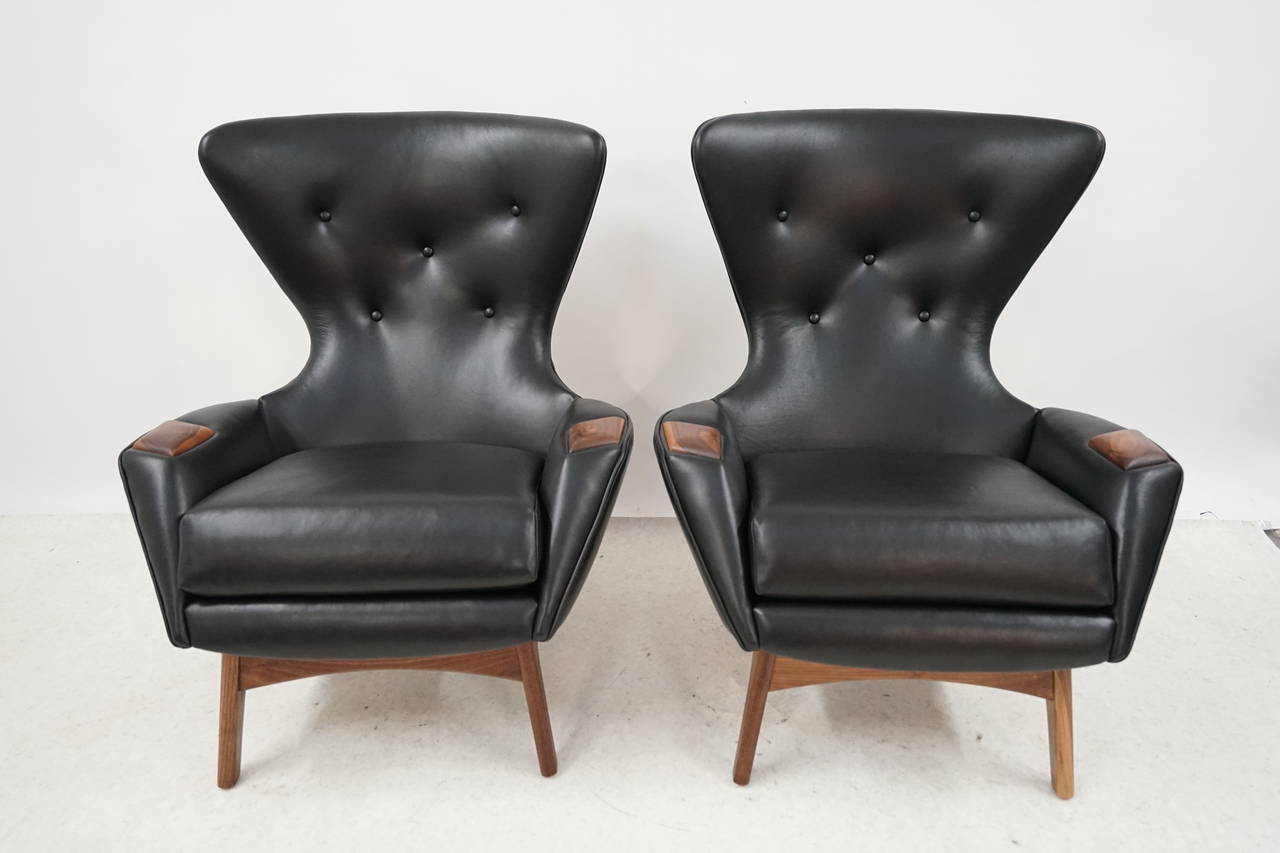Mid-20th Century Pair of Adrian Pearsall Black Leather Wingback Lounge Chairs