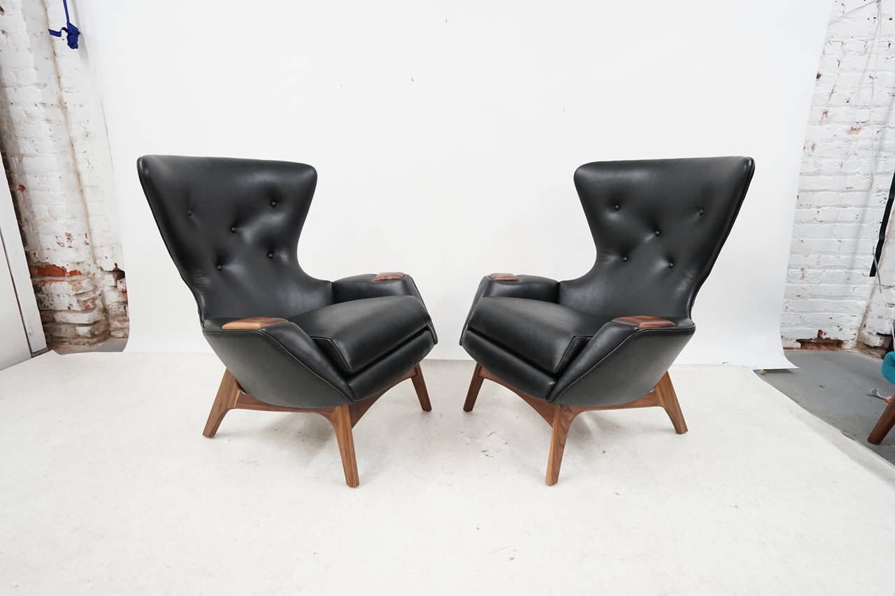 American Pair of Adrian Pearsall Black Leather Wingback Lounge Chairs