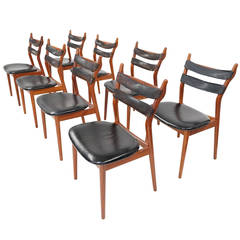 Set of Eight Rare Illum Wikkelso Teak and Leather with Brass Dining Chairs