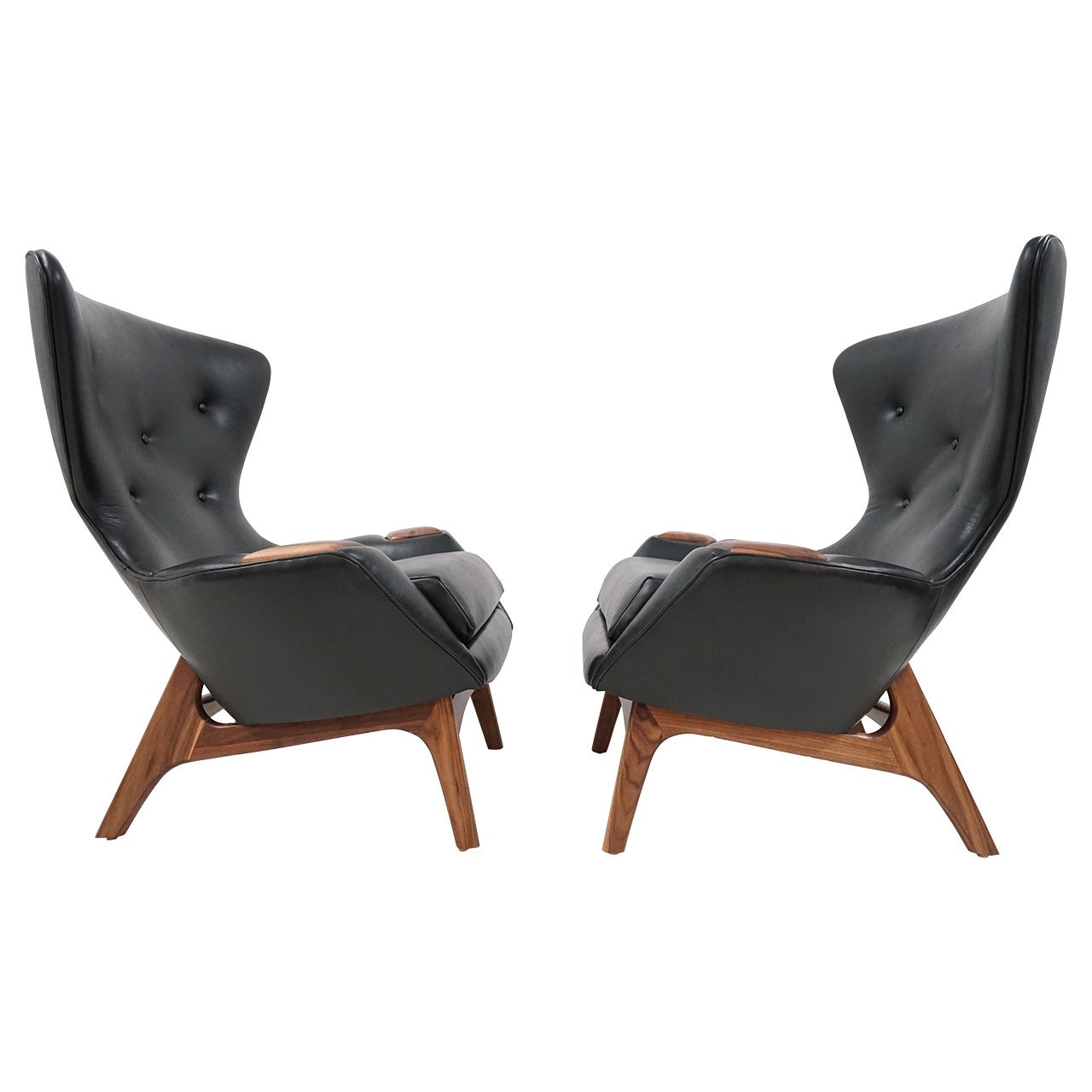 Pair of Adrian Pearsall Black Leather Wingback Lounge Chairs