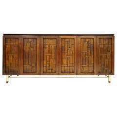 Mid-Century Modern Walnut and Brass Credenza with Travertine Top