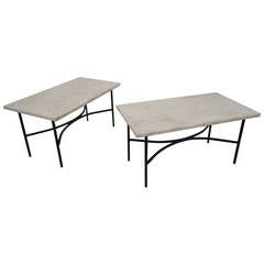 Pair of Iron and Travertine Architectural Side Tables