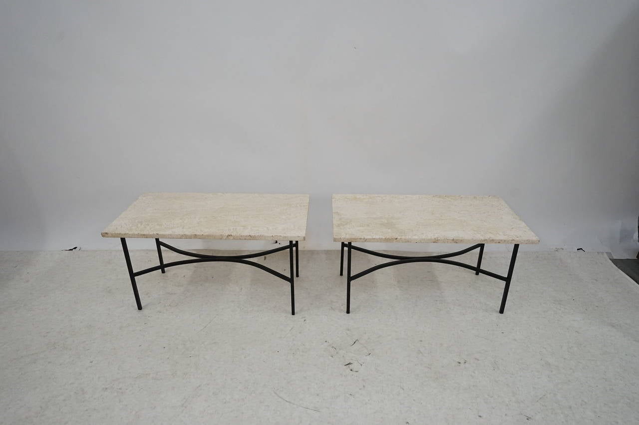 Pair of Iron and Travertine Architectural Side Tables In Good Condition In Los Angeles, CA