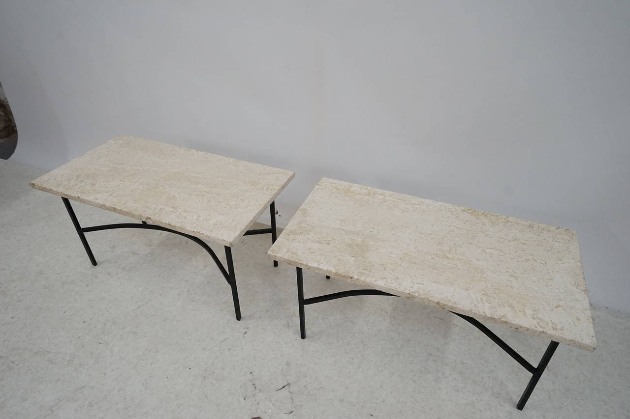 Early pair of iron & travertine side tables perfect for outdoor or indoor use, Circa 1950's
