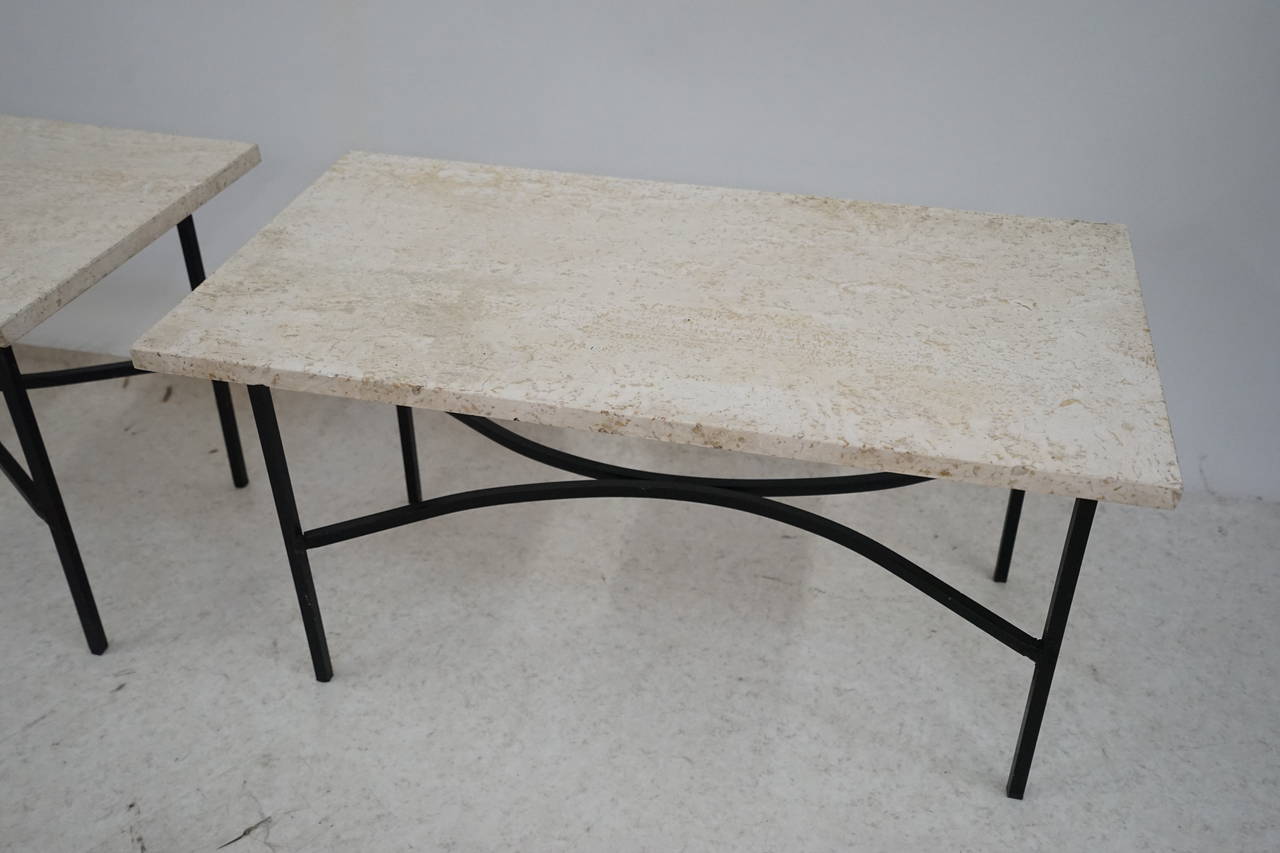 American Pair of Iron and Travertine Architectural Side Tables