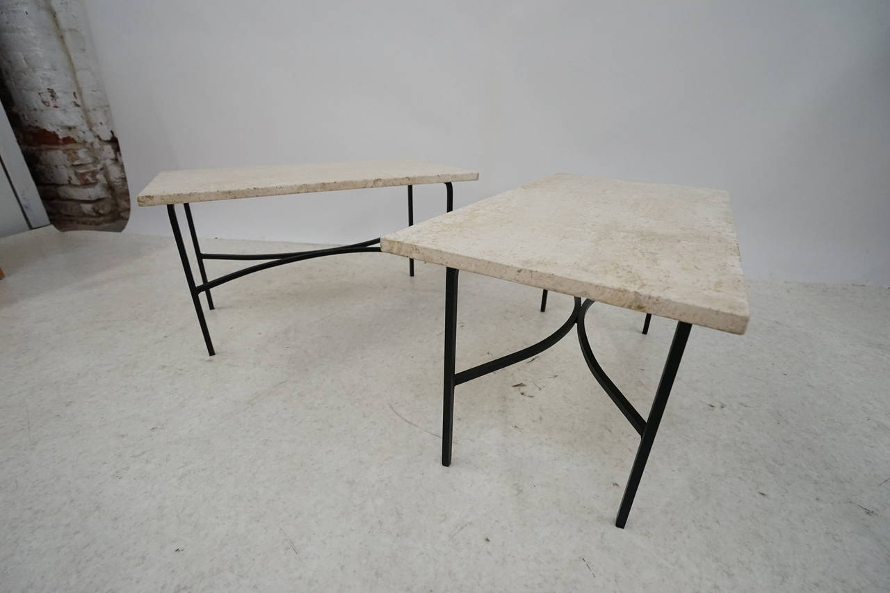 Mid-Century Modern Pair of Iron and Travertine Architectural Side Tables
