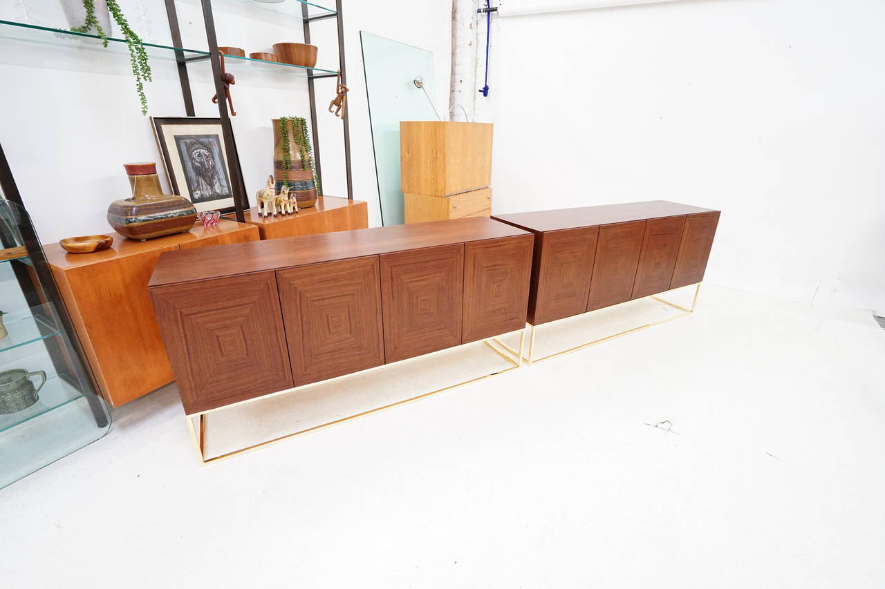 Custom-Made Walnut and Brass Frame Floating Credenza's by Loft Thirteen