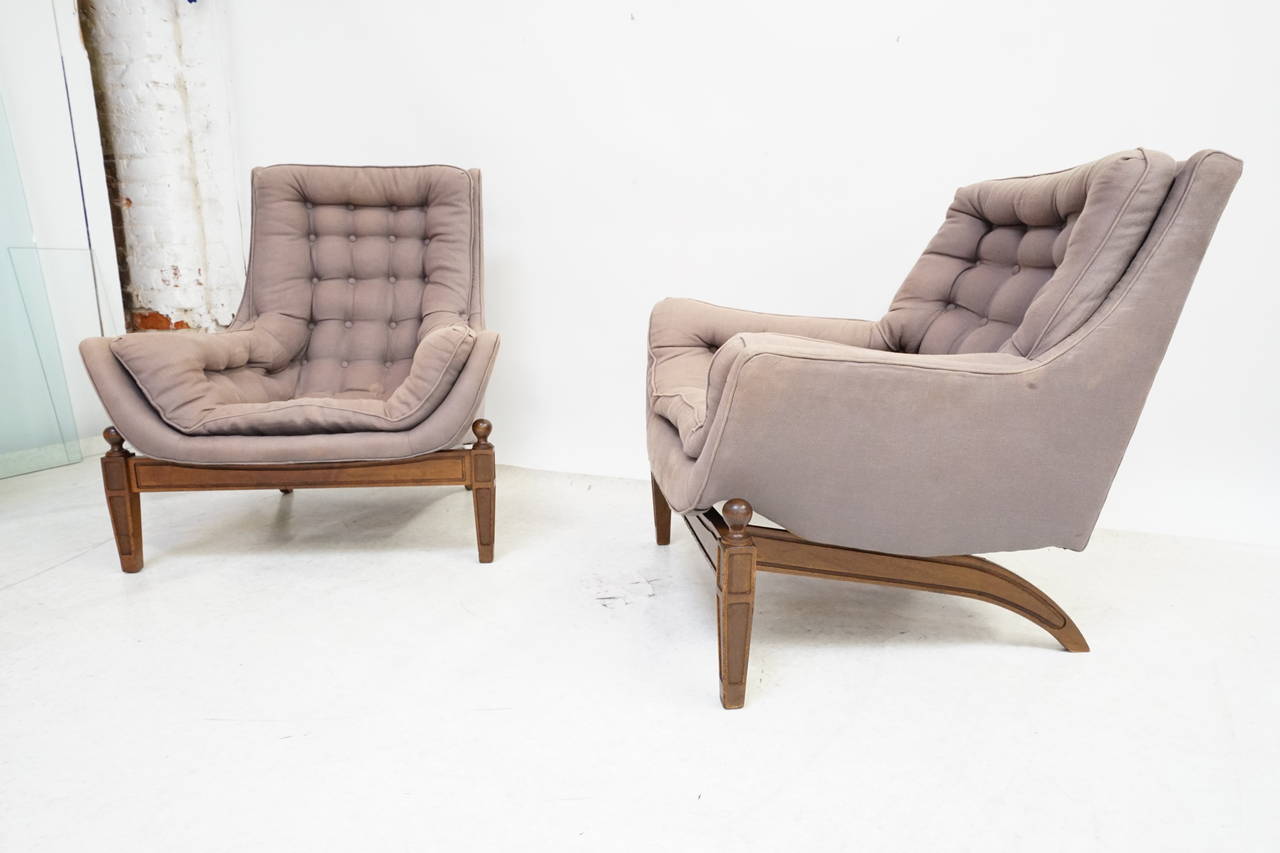 Pair of Adrian Pearsall tufted lounge chairs with ottoman, the lower lounge chairs is on springs and can rock back. Great his and hers lounge chair set, circa 1960s.