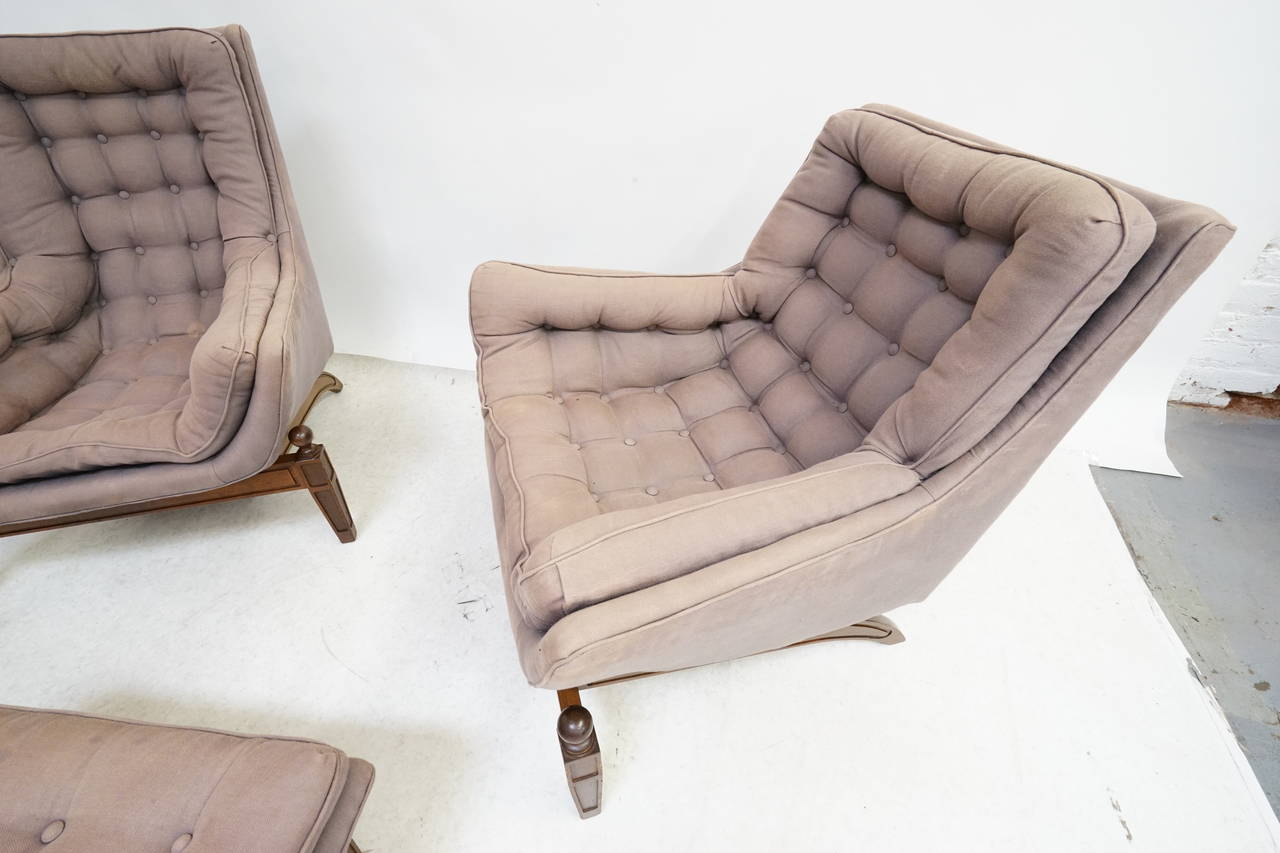 Pair of Adrian Pearsall Tufted Lounge Chairs with Ottoman In Excellent Condition In Los Angeles, CA